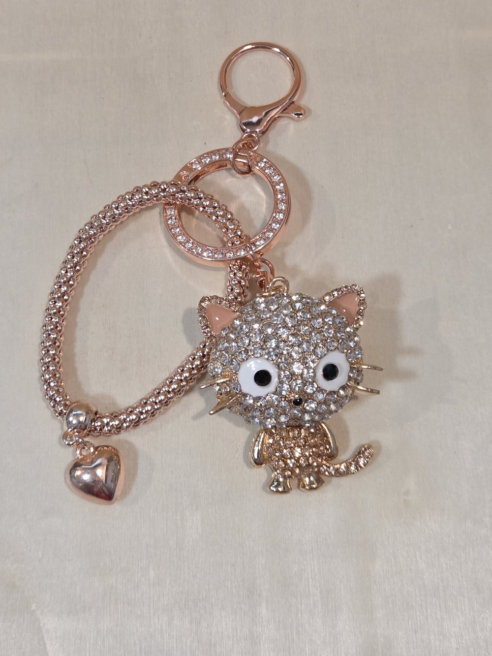 NWT 🐱 Rose Gold Cat Rhinestone Crystal Bling Wristlet Keychain Bag Charm